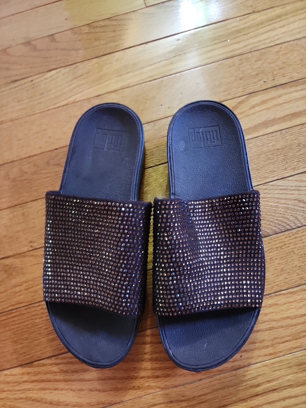 Fitflop Ginny Glitz Rhinestone Embellished  Brown Wedge Slide Sandals/Women